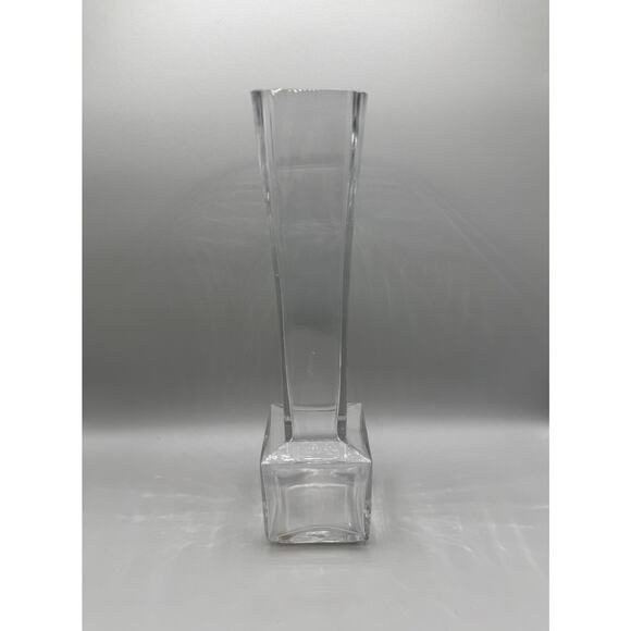 Vase Square Base Fluted Stem Clear Glass MCM Modernistic Clean Lines Vintage - Picture 3 of 8
